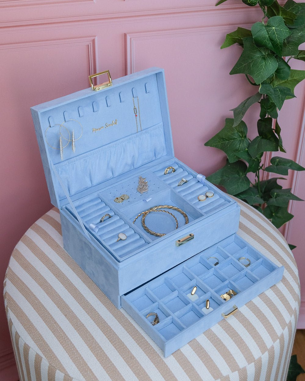 Grande boite à bijou avec tiroir en velours bleu ciel #Color_bleu_ciel